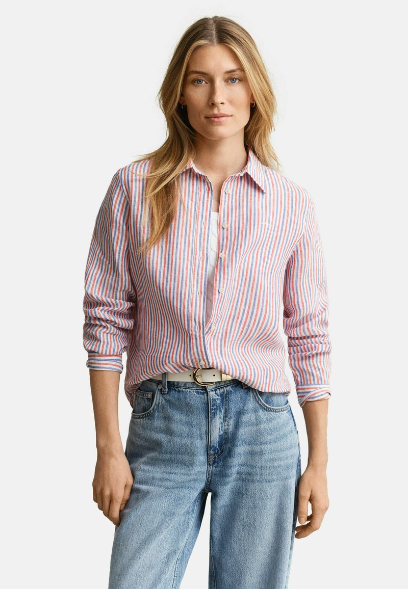 Femme portant une chemise à rayures rouge, blanche et bleue avec les manches retroussées, rentrée dans un jean bleu clair avec une ceinture blanche.