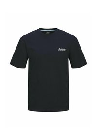 Camiseta de algodón azul marino de manga corta, con cuello redondo y un pequeño logo blanco en el lado izquierdo del pecho. Corte clásico con una textura suave.