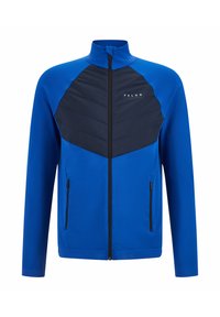 Blauwe sportjas met hoge kraag, gestructureerde mouwen en een gewatteerd marineblauw borstpaneel; inclusief twee met rits afsluitbare zijvakken.