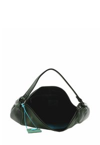 Borsa a tracolla in pelle verde con superficie testurizzata, chiusura con zip e etichetta di accento blu. L'interno presenta una fodera nera.