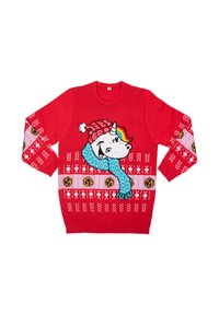 Roter gestrickter Pullover mit einem Einhornmotiv, das einen Weihnachtshut und einen Schal trägt. Akzentuiert mit Mustern, Keksen und kontrastierenden Farben.