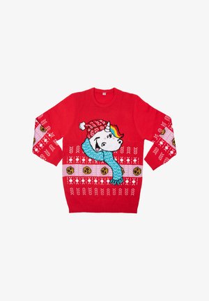 Red knitted sweater featuring a unicorn design with a Christmas hat and scarf. Accented with patterns, cookies, and contrasting colors.