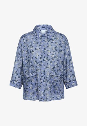 Svijetloplava cvjetna košulja-jakna s rukavima do tri četvrtine, ovratnikom, dva prednja džepa i tamnim obrubom duž rubova.