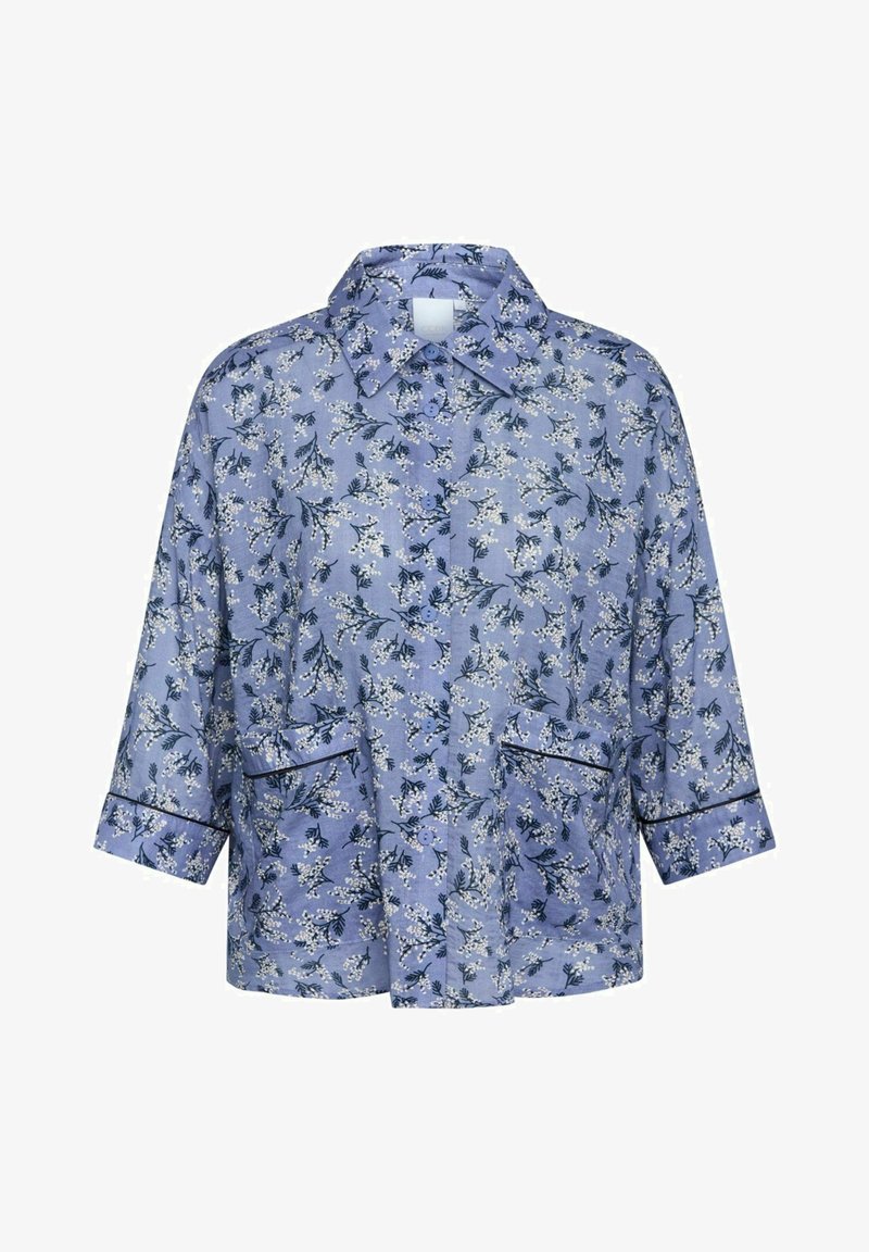 Light blue floral shirt jacket with three-quarter sleeves, collared neckline, two front pockets, and dark piping along the edges.