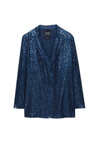 Blazer bleu marine recouvert de sequins brillants avec un col cranté et des manches longues, présenté sur fond blanc.