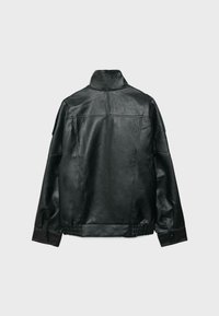 Black leather jacket with high collar, long sleeves, elastic waistband, and buttoned cuffs shown from the back on a plain background.