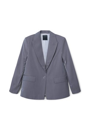 Grauer Blazer mit glatter, glänzender Textur, scharfen Revers, Ein-Knopf-Verschluss und zwei vorderen Taschen. Entworfen für eine taillierte Passform.