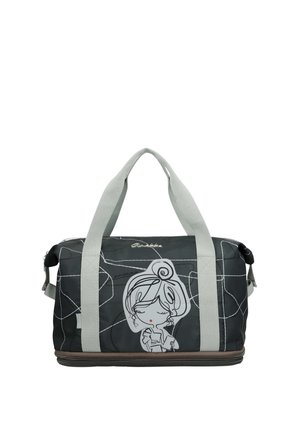 Borsa da viaggio nera con cinghie grigio chiaro e una ragazza dei cartoni animati con gli occhi chiusi e capelli raccolti in uno chignon stampata sul davanti.