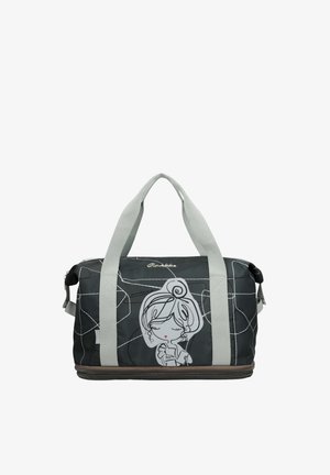 Borsa da viaggio nera con cinghie grigio chiaro e una ragazza dei cartoni animati con gli occhi chiusi e capelli raccolti in uno chignon stampata sul davanti.