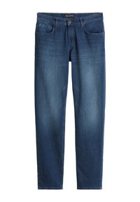 Jeans in denim blu scuro, modello diritto, con cinque tasche, leggero sbiadimento e vita classica con passanti per cintura.