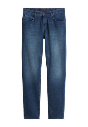 Dark blue denim jeans, straight cut, featuring five pockets, subtle fading, and a classic waistband with belt loops.
