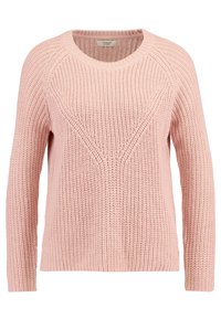 Hellrosa gestrickter Pullover mit rundem Ausschnitt, strukturierter Stoff und diagonales Strickmuster auf der Vorderseite. Lange Ärmel und lockere Passform.