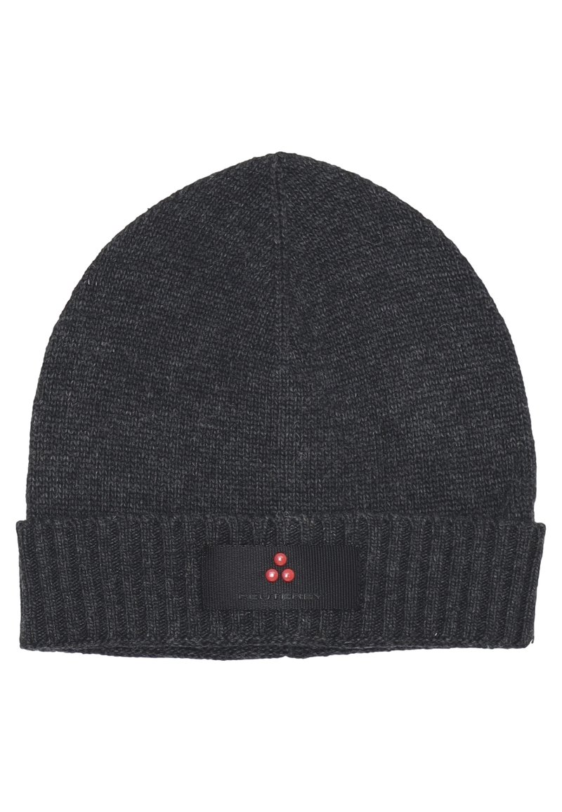 Beanie nera lavorata a maglia con risvolto a coste, caratterizzata da un'etichetta con logo e tre punti rossi sul davanti. Texture morbida, design classico.