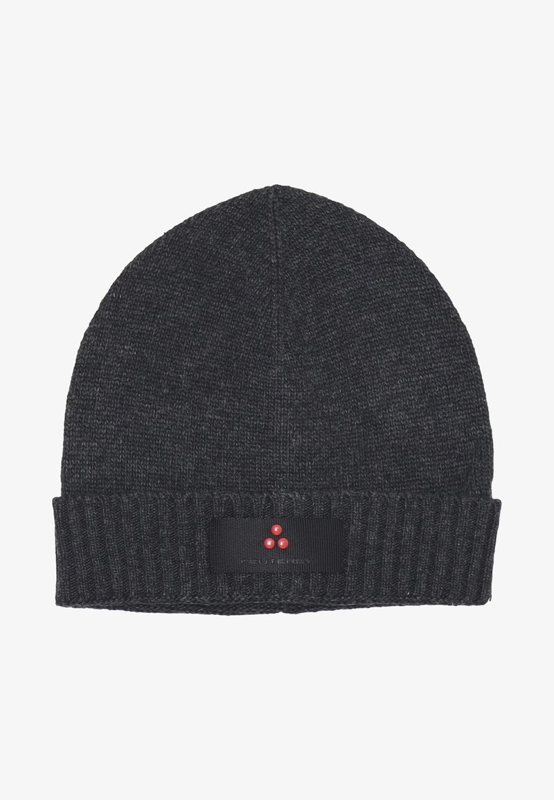 Beanie nera lavorata a maglia con risvolto a coste, caratterizzata da un'etichetta con logo e tre punti rossi sul davanti. Texture morbida, design classico.