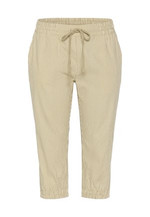 Világos bézs színű, puha anyagból készült, függőleges fehér csíkos cropped nadrág, állítható gumis derékkal és zsinórral.