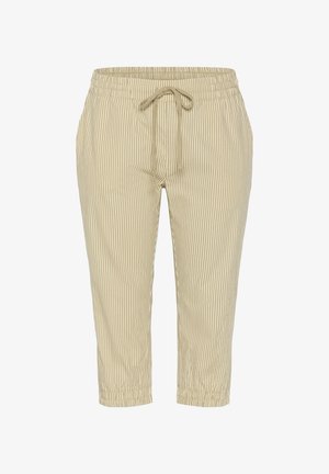 Svijetlosmeđi krojeni hlače napravljene od mekog materijala s vertikalnim bijelim prugama, sa elastičnom trakom u struku i vezicom za podešavanje.