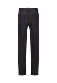 Jeans de mezclilla negra vistos desde atrás, con dos bolsillos traseros, trabillas para el cinturón y piernas rectas sobre un fondo blanco.