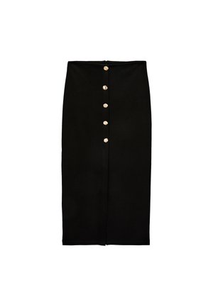 Sort knælængde blyantsnederdel med fem gyldne knapper, der løber lodret ned midt for.