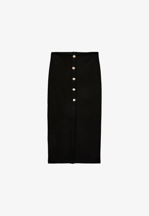 Jupe crayon noire longueur genou avec cinq boutons dorés alignés verticalement au centre devant.