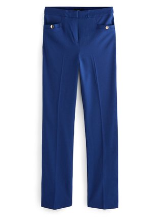 Blaue Hose mit geradem Bein, vorderen Klappentaschen mit goldfarbenen Knöpfen, tailliertem Bund und glatter Stoffoberfläche.