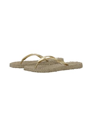 Beige flip-flops with woven straw soles and curved metallic gold straps. The surface features a textured finish, providing a natural look.