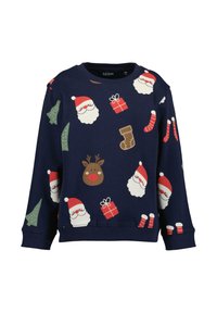 Námorně modrý svetr s vánočními potisky Santy, sobů, dárků a vánočních stromků v červené, zelené a bílé barvě. Měkká tkanina.