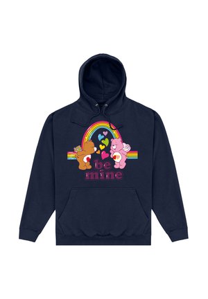 Marineblaue Kapuzenjacke mit zwei Cartoonbären, einem Regenbogen und dem Text "Be mine", in lebendigen Farben und mit einer Fronttasche.