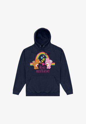Granatowy hoodie z dwoma kreskówkowymi niedźwiedziami, tęczą i napisem "bądź mój", w intensywnych kolorach oraz z przednią kieszonką.