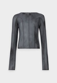 Long-sleeve top made of smooth, dark gray fabric. Features a fitted silhouette with vertical seams, a rounded neckline, and minimal stitching.