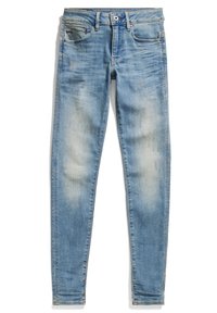 Jeans in denim azzurro chiaro con una vestibilità slim, caratterizzati da un lavaggio sbiadito, leggere abrasioni, design classico a cinque tasche e chiusura con bottone metallico.