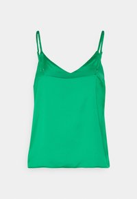 Grön satin camisole med justerbara spaghetti straps, en v-ringning och en slät, elegant textur. Enkel design, inga mönster eller accenter.