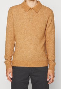 Tanfärgad ulltröja med klassisk krage, treknappsknopplock och ribbade muddar. Mjuk textur och avslappnad passform, i kombination med mörka byxor.