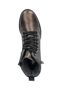 Botte en cuir bronze avec lacets noirs et doublure en polaire grise. Dotée d'un bout arrondi, d'une fermeture éclair sur le côté et d'un détail de couture contrastant.
