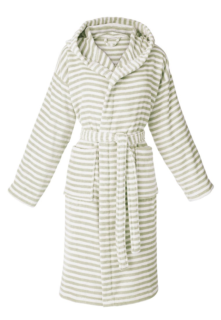 Bata de baño suave con capucha, en tonos verde claro y blanco con rayas horizontales, mangas largas, bolsillos frontales y cierre con cinturón.
