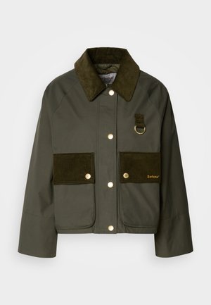 Veste vert olive avec col en velours côtelé et poches, dotée de quincaillerie dorée et d'un détail en D. Design structuré et court.