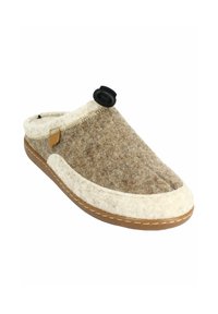 Bruine en crèmekleurige vilten klompslippers met een ronde neus, zachte textuur, gestikte details en een zwarte verstelbare toggle op de bovenkant.