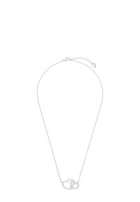 Collar de cadena de plata con un diseño de corazones entrelazados adornado con pequeñas piedras preciosas transparentes. Incluye un cierre ajustable.