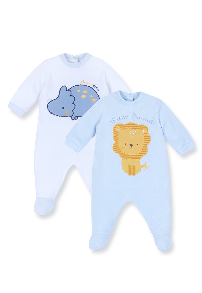 Twee babyrompers: één wit met een blauw dinosaurust ontwerp en één lichtblauw met een geel leeuwontwerp. Beide zijn gemaakt van zacht katoen en hebben lange mouwen.