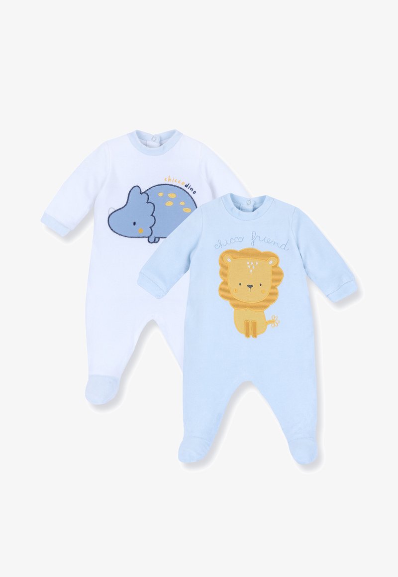 Dvě dětské body: jedno bílé s modrým designem dinosaura a jedno světle modré se žlutým designem lva. Obě jsou z měkké bavlny s dlouhými rukávy.