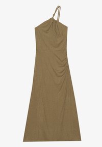 Robe sans manches de couleur vert olive avec un tissu drapé et une bretelle à nouer. Matériau lisse et texturé avec un corsage ajusté et une jupe fluide.