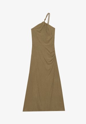 Olivenfarvet, ærmeløs kjole med draperet stof og knyttet skulderrem. Glat, tekstureret materiale med en tætsiddende liv og en flonende nederdel.