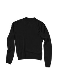 Pull noir à manches longues en tissu doux, avec un col rond et des poignets ajustés, présentant une surface lisse et sans texture.