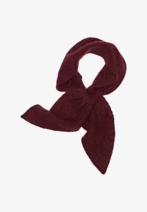 Bordowy szalik wykonany z miękkiego, teksturowanego materiału; ma wydłużony kształt z spiczastymi końcami, idealny do owinięcia lub związywania.