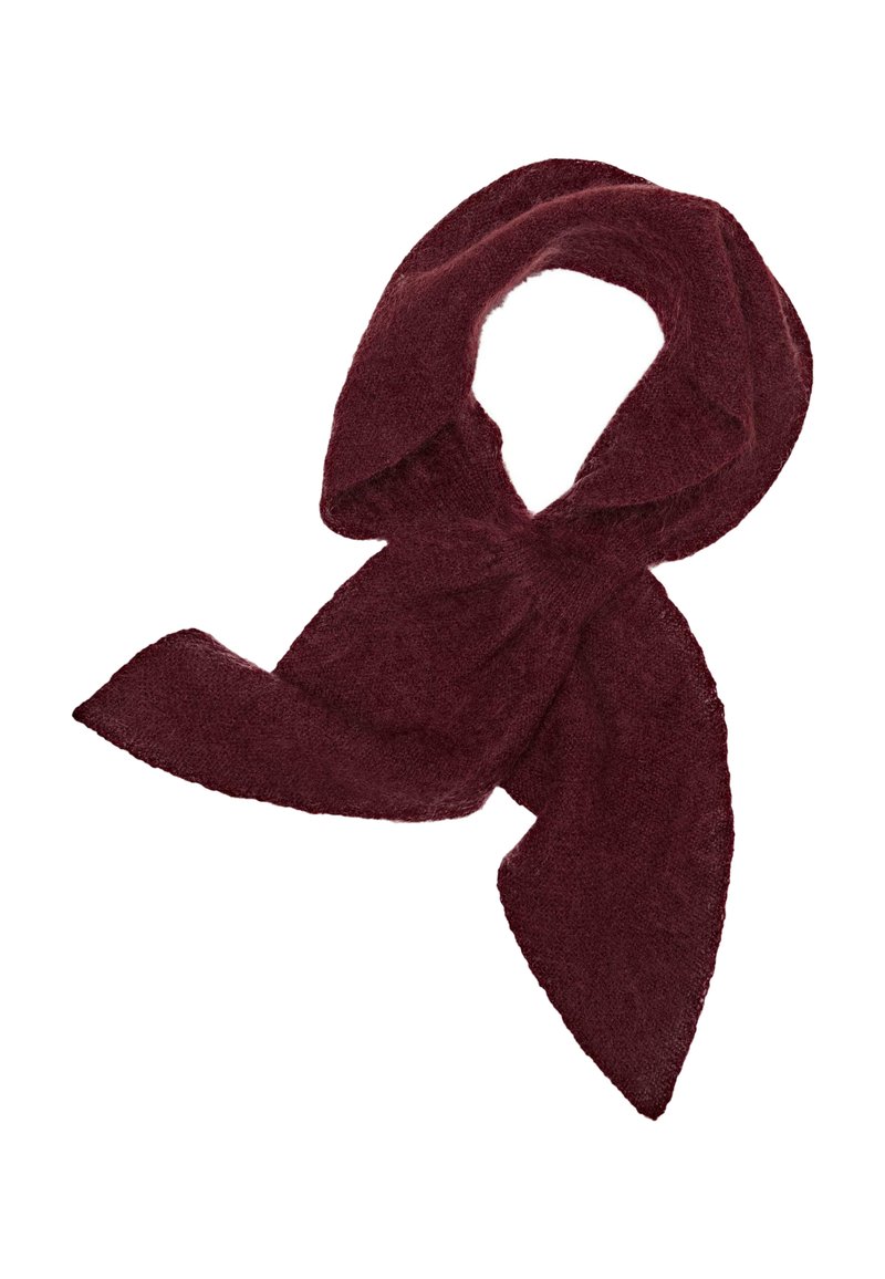 Burgundy scarf made of soft, textured fabric; features an elongated shape with pointed ends, suitable for wrapping or tying.