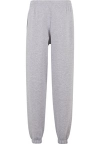Grijze sweatpants met een elastische tailleband, taps toelopende benen en zijzakken; gemaakt van een zachte, gestructureerde stof.
