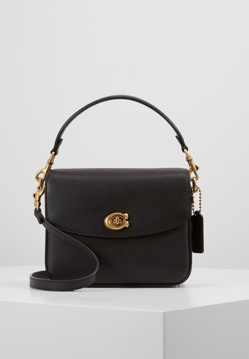 Borsa a tracolla nera in pelle con design strutturato, hardware dorato, tracolla staccabile e superficie testurizzata. La chiusura presenta un emblema con il logo.