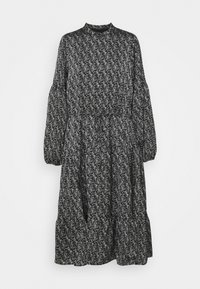 Robe noire à imprimé floral, avec de longues manches bouffantes, un col haut et une taille élastique. Le tissu présente un motif délicat en blanc sur l'ensemble.