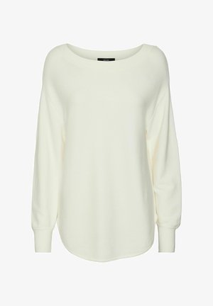 Heledad kreemivärvi kootud sviiter, millel on avar krae, pikad varrukad ja hem, mis kõverdub külgedelt ülespoole. Pehme tekstuur, vabaaja disain.