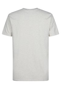 Camiseta gris claro con cuello redondo clásico y mangas cortas. Tejido suave y texturizado que presenta un sutil patrón jaspeado.