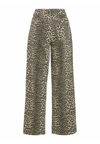 Pantalon à jambes larges avec taille haute et motif léopard marron et noir intégral, vu de dos.